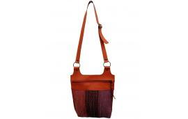 Sac bandoulière en cuir et coton recyclé,tissé en rayures rouge, terracotta et rose