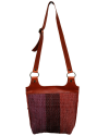 Back view of Andaluchic´s "Bandolero" shoulder bag hand woven in up-cycled cotton in pink & red tones with tan calf leather