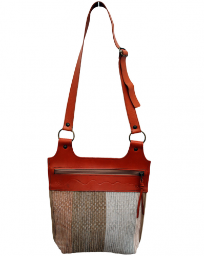 Front view of Andaluchic´s "Bandolero" shoulder bag hand woven in up-cycled cotton in cream & beige tones with tan calf leather