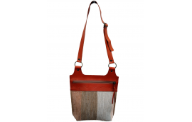 Leather shoulder bag for women in cream and taupe striped recycled cotton