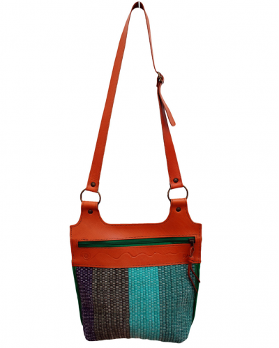 Front view of Andaluchic´s "Bandolero" shoulder bag hand woven in up-cycled cotton in blue & turquoise tones with calf leather