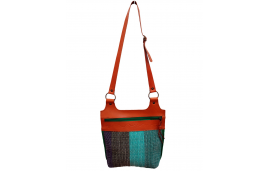 Borsa a tracolla in pelle con cotone riciclato in righe blu, verde e turchese