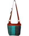 Back view of Andaluchic´s "Bandolero" shoulder bag hand woven in up-cycled cotton in blue & turquoise tones with calf leather