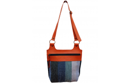 Upcycled cotton and leather crossbody bag in blue, grey and green stripes