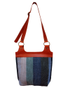 Back view of Andaluchic´s "Bandolero" shoulder bag hand woven in up-cycled cotton in blue & grey tones with tan calf leather
