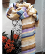 Handwoven shawl in stripes of pastel colors, white, pink, blue and mauve