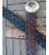 Braided brown leather wide belt for women with round silver belt buckle