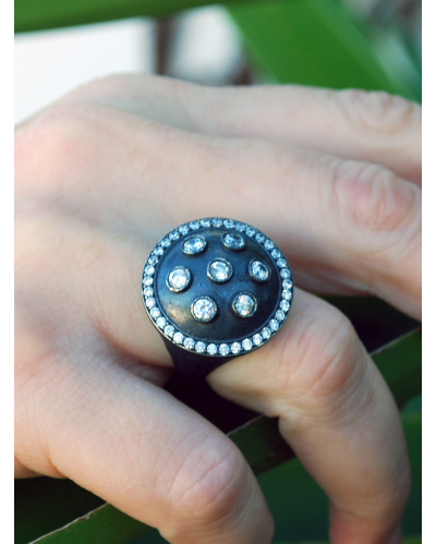 Vintage Style Round Shield Ring in oxidised silver with clear zircons