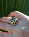 Gold Leaf Plated Silver Round Shield Cocktail Ring in a Byzantine style inserted with green, pink & transparent zircons
