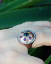 Gold plated silver Byzantine round shield Cocktail ring with central green zircon, pink teardrop zircons & small clear zircons