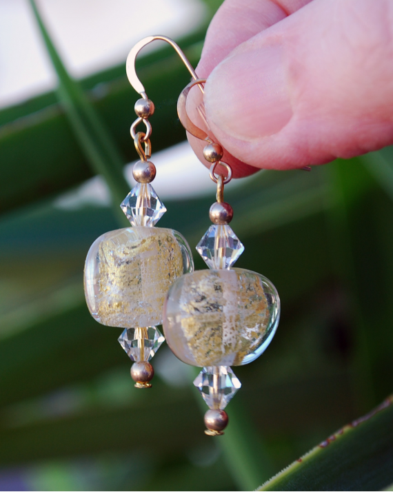 Long drop gold flecked lampwork glass earrings combined with clear swarovski crystals with 925 silver gold filled findings