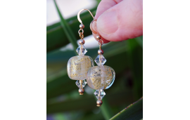 Gold flecked lampwork glass and swarovski crystal gold earrings