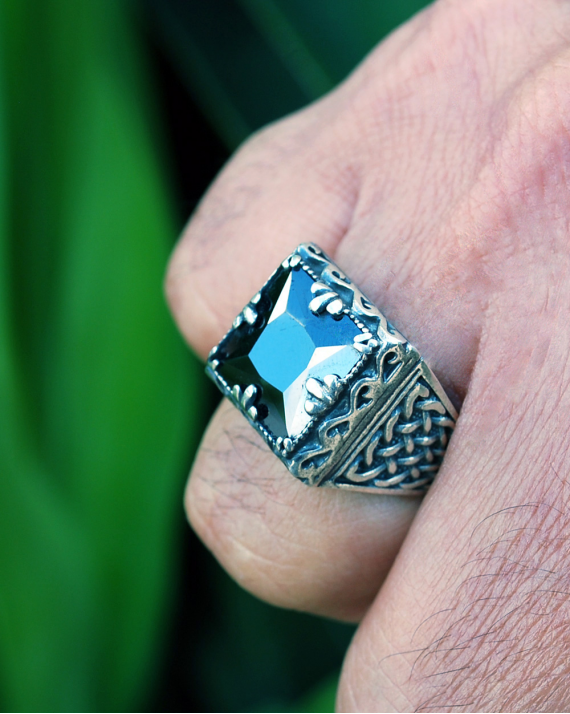 Chunky square set ring fro him handmade in 925 silver with a silver pattern overaly inset with a large square cut black onyx