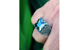 Square ring for men with large black zirconia in silver with filigree scroll