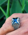 Chunky square set ring fro him handmade in 925 silver with a silver pattern overaly inset with a large square cut black onyx