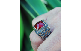 Square ring for men with large red zirconia in silver overlaid with gold scroll