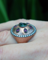 Gold plated silver Byzantine round shield Cocktail ring with central green zircon, pink teardrop zircons & small clear zircons