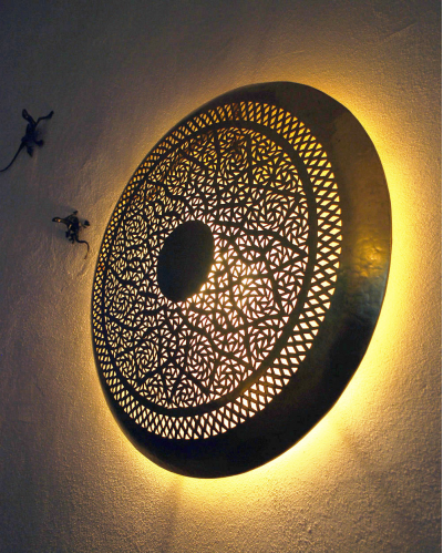 Applique murale ronde, lampe marocaine en laiton avec motifs géométriques