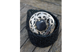 Wide black belt in real leather with filigree silver belt buckle