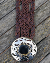 Brown leather weaved wide belt with silver buckle in filigree design