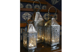 Trio of silver copper Moroccan lanterns with geometric star design