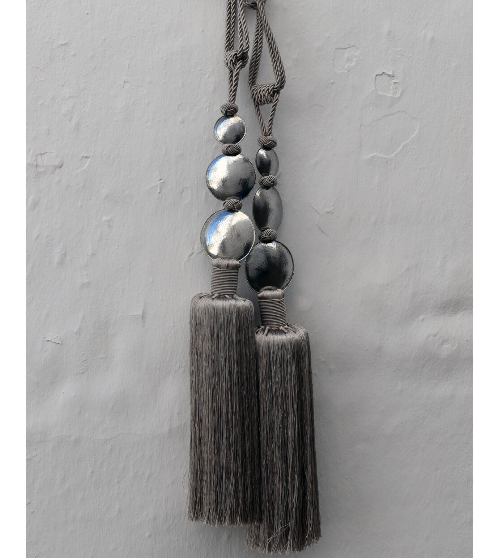 Tassels and drapery pull backs in large with three silver hammered balls