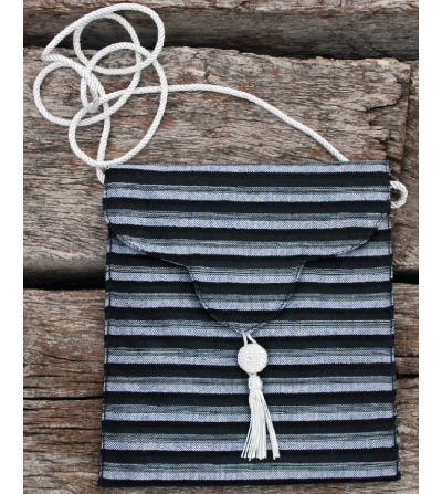 Handwoven crossbody evening bag in black, grey and silver striped fabric