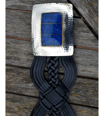 Black wide belt with large rectangular belt buckle and blue resin inset