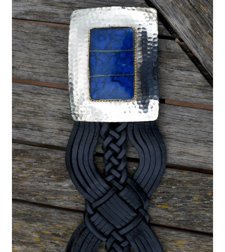 Black wide belt with large rectangular belt buckle and blue resin inset