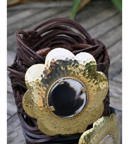 Brown leather wide belt with copper flower buckle and horn insert