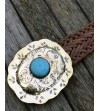 Woven brown belt for women; large engraved copper buckle with a turquoise stone