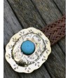 Woven brown belt for women; engraved copper buckle with turquoise