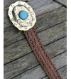 Woven brown belt for women; engraved copper buckle with turquoise