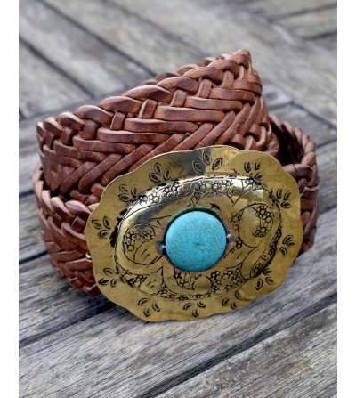 Woven brown belt for women; large engraved copper buckle with a turquoise stone