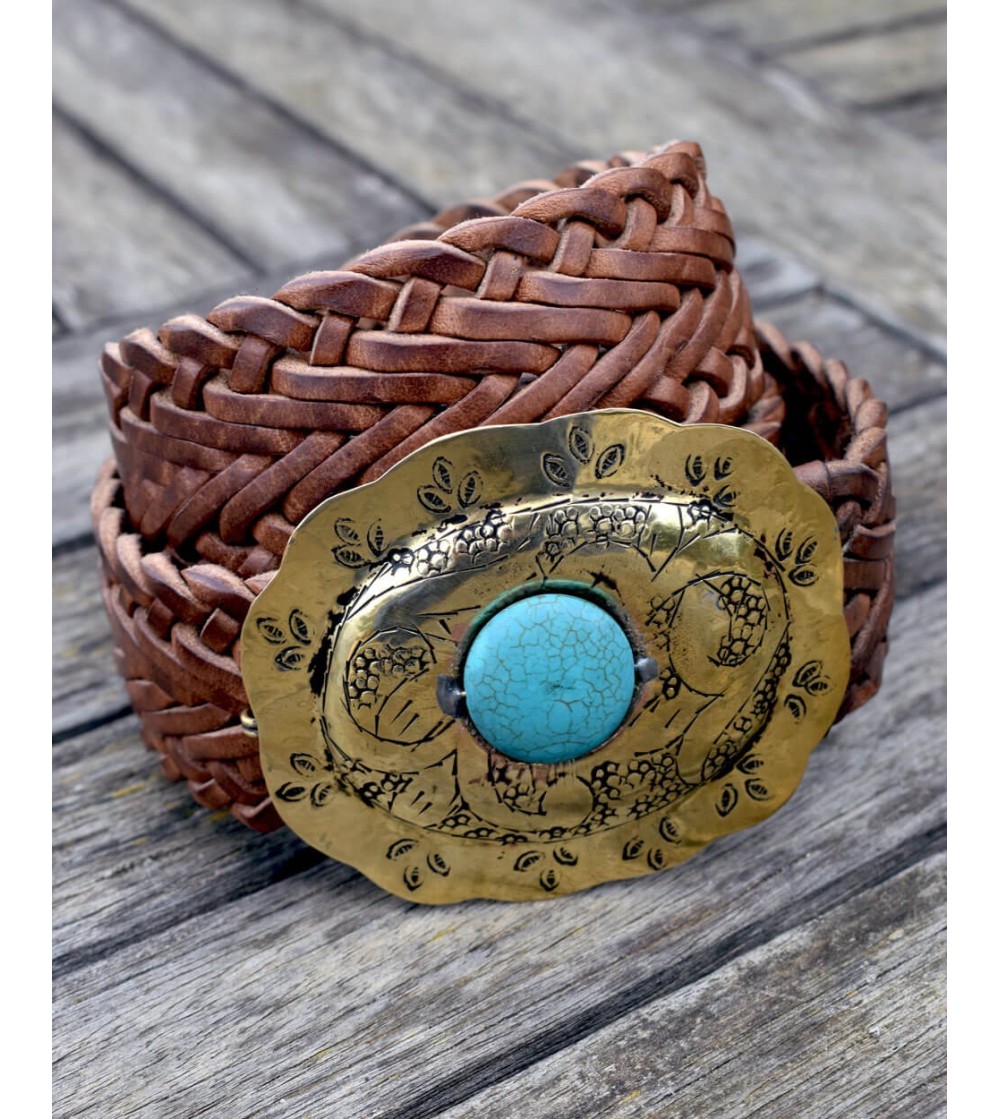 Ceinture marron tissée pour femme ; Grande boucle en cuivre gravé avec une pierre turquoise