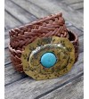 Ceinture marron tissée pour femme ; Grande boucle en cuivre gravé avec une pierre turquoise