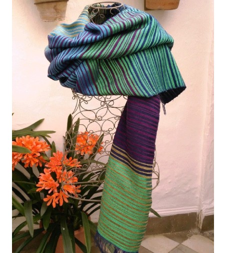 Pashmina wrap in a color mix of thin stripes of bluegreen and turquoise