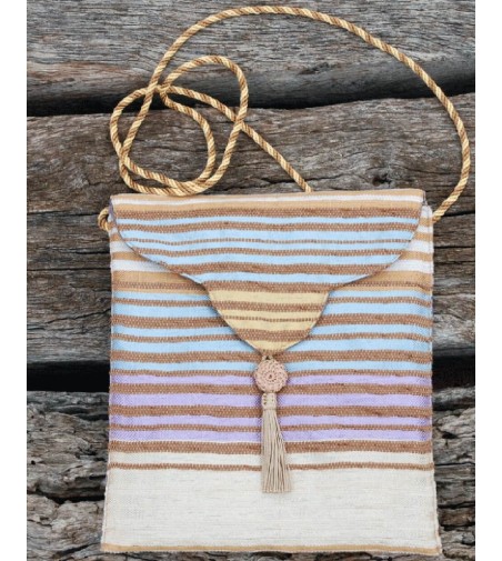 Crossbody evening bag in white, gold, pastel pink, blue and mauve stripes