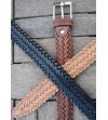 Ceinture marron unisexe en cuir tressé avec boucle argentée