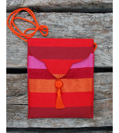 Crossbody evening bag in orange, red and shocking pink striped fabric