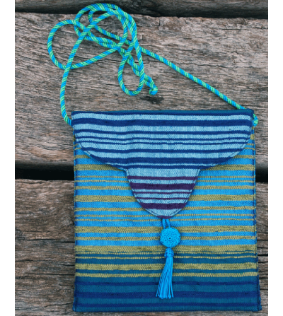Crossbody evening bag in turquoise, aubergine and gold thin stripes